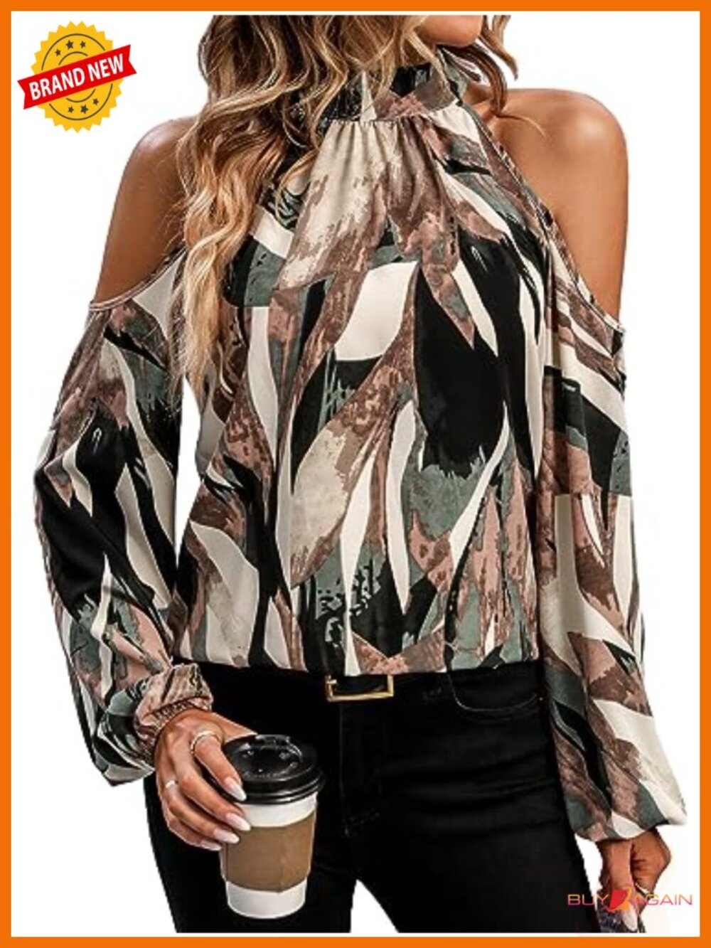Women's Cold Shoulder Halter Blouse Long Sleeve Abstract Print Top